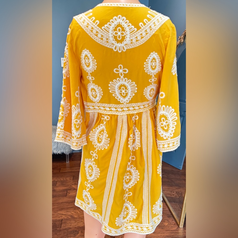 Yellow Boho Mini Dress Embroidered Lace Trim Cottagecore Summer Size 4 - Picture 4 of 7